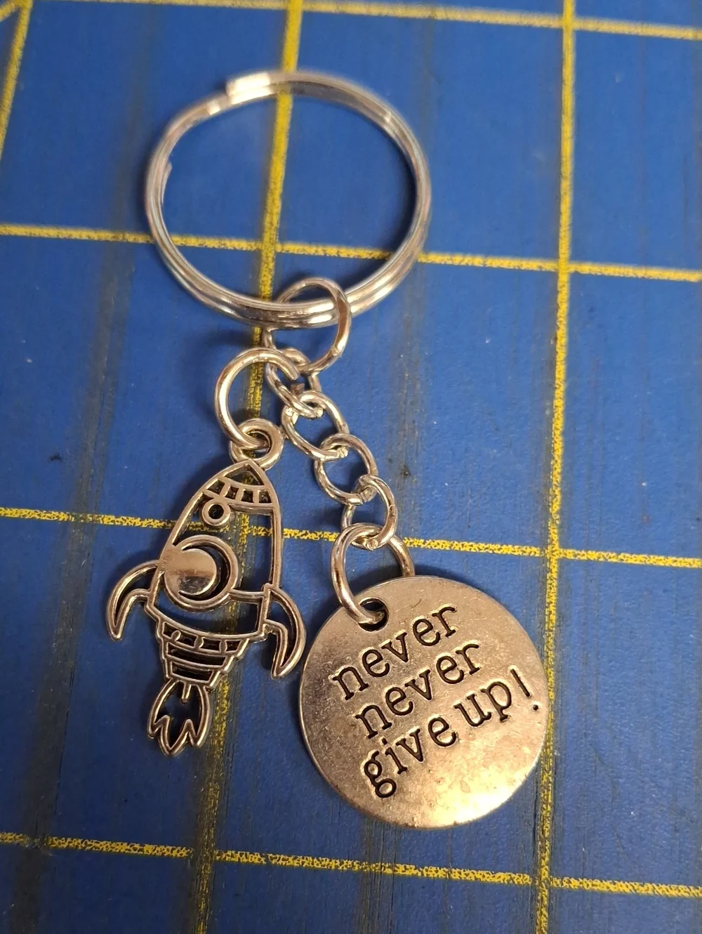 Rocket Never Never Give Up Silver Keyring Purse Charm